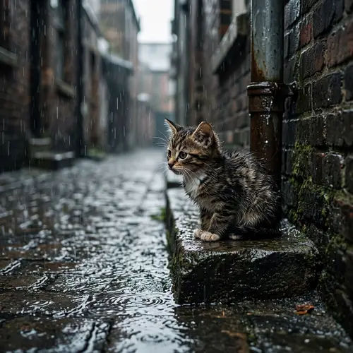 Little Tabby Cat Waiting for Mother in the Rain