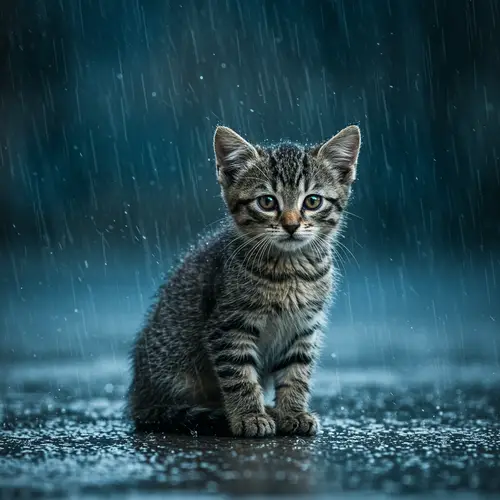 Little Tabby Cat Waiting for Mother in the Rain