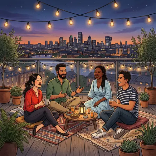 Diverse Group Sitting Together on Building Rooftop Illustration