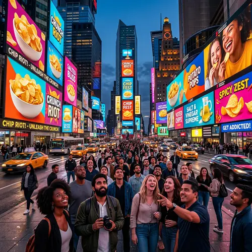 Vibrant Potato Chip Ads in Urban Cityscape - Engage Diverse Crowd