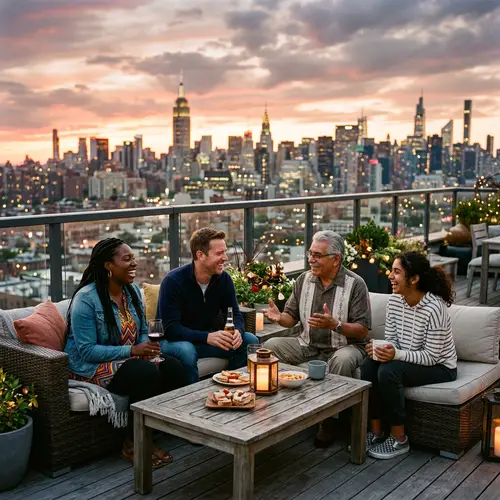 Diverse Group Enjoying Sunset on City Rooftop