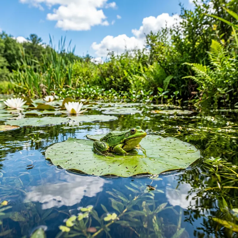Green Frog on Lily Pad in Serene Pond