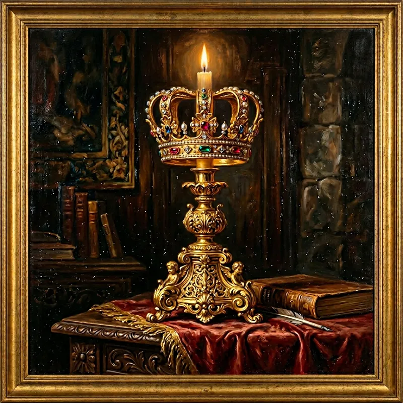 Vintage Candlestick with Crown - Majestic Oil Painting
