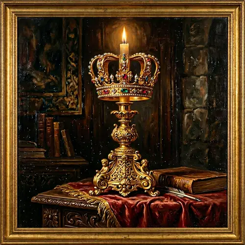 Vintage-style Oil Painting of Golden Candlestick with Majestic Crown