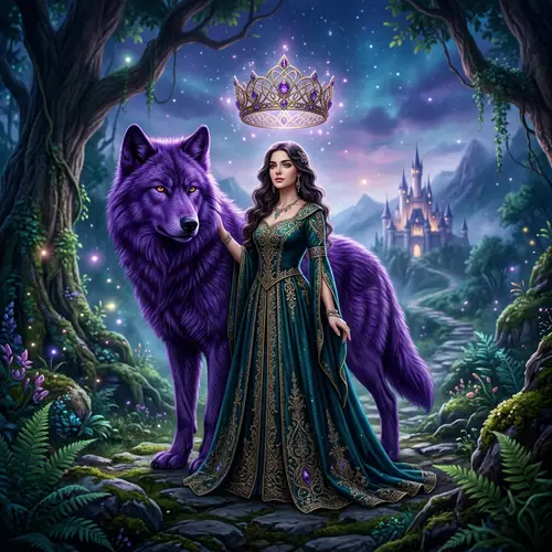 Majestic Woman with Crown and Violet Wolf - Fantasy Enchantment
