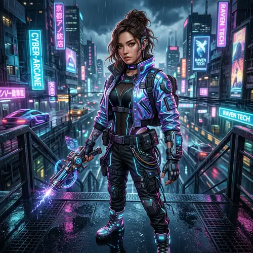 Cyberpunk-inspired Female Character with Wavy Brown Hair