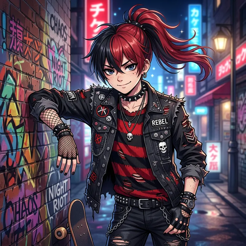 Anime-Style Boy with Black & Red Hair | Mischevious Expression