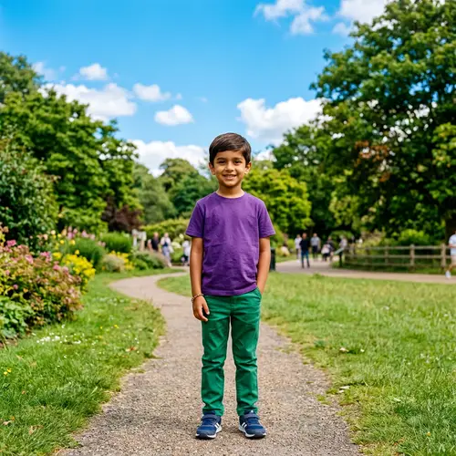 Charming South Asian Boy in Purple Shirt and Green Pants