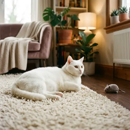 Chubby White Cat on Fluffy Rug - Warmth & Coziness