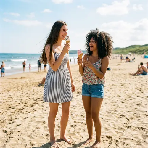 Two Friends Enjoying Ice Cream at the Beach