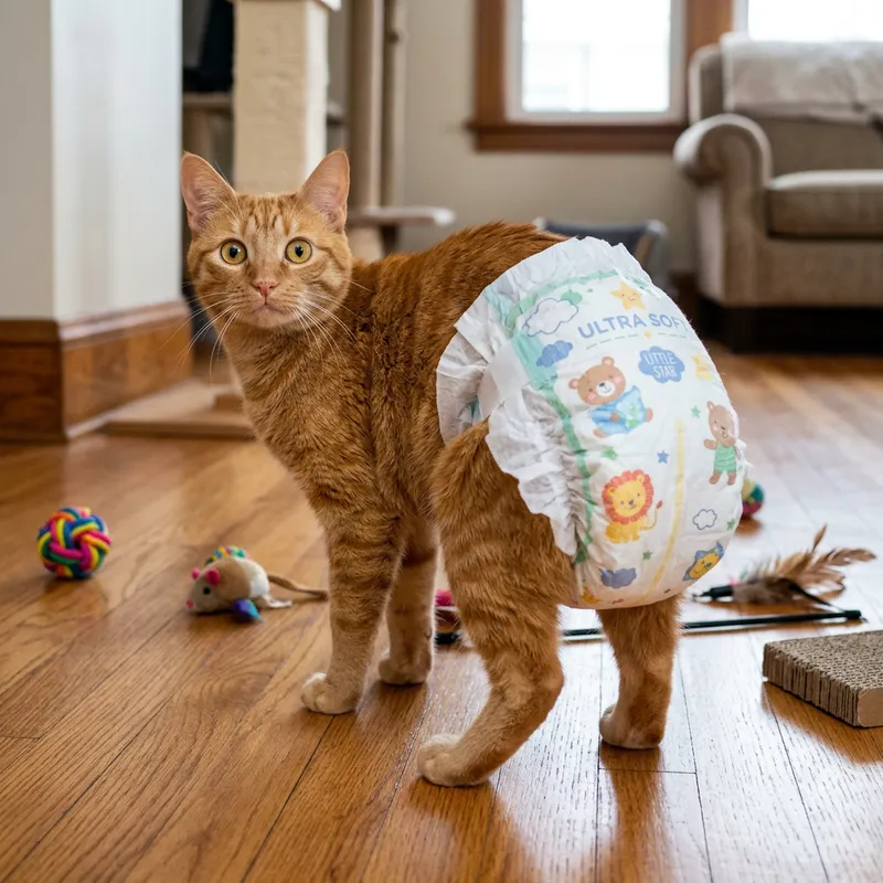 Humorous Ginger Cat Balancing Oversized Diaper