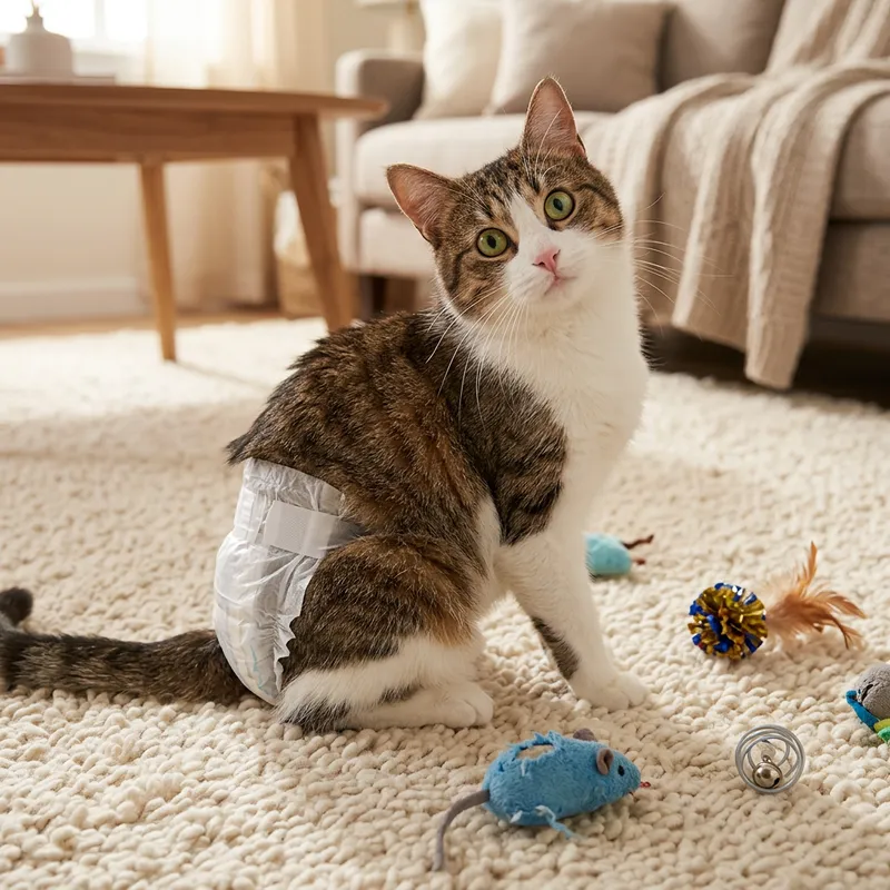 Playful Cat in Diaper | Curious Feline on Carpet
