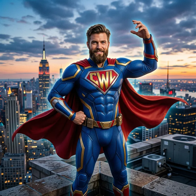 Caucasian Superhero with CWL Logo: Powerfully Displaying Strength Caucasian Superhero with CWL Logo: Powerfully Displaying Strength