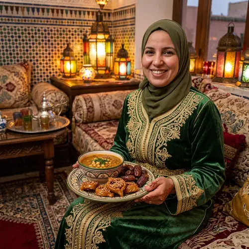 Moroccan Woman Celebrating Ramadan with Traditional Iftar Meal