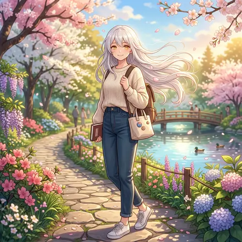 Anime Girl with White Hair and Golden Eyes | Serene Park Scene