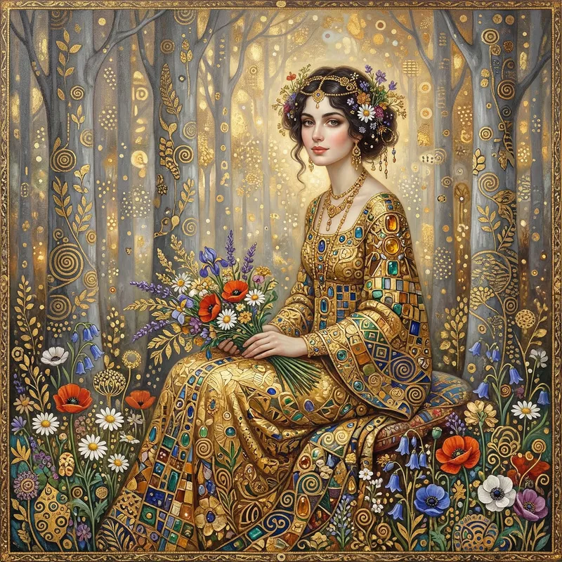 Klimt Style Portrait with Floral and Atmospheric Effects