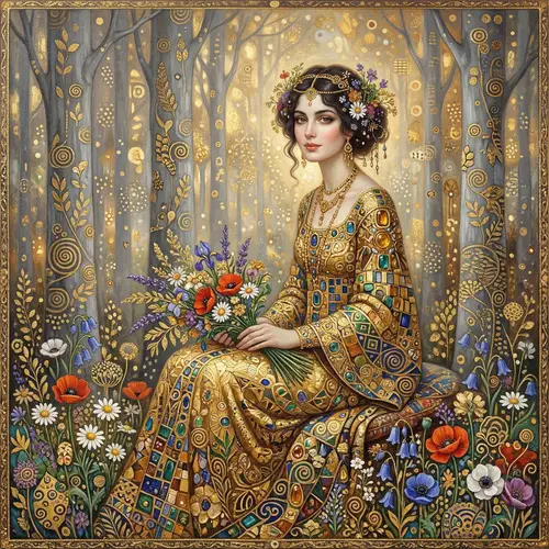 Klimt Style Portrait with Floral and Atmospheric Effects