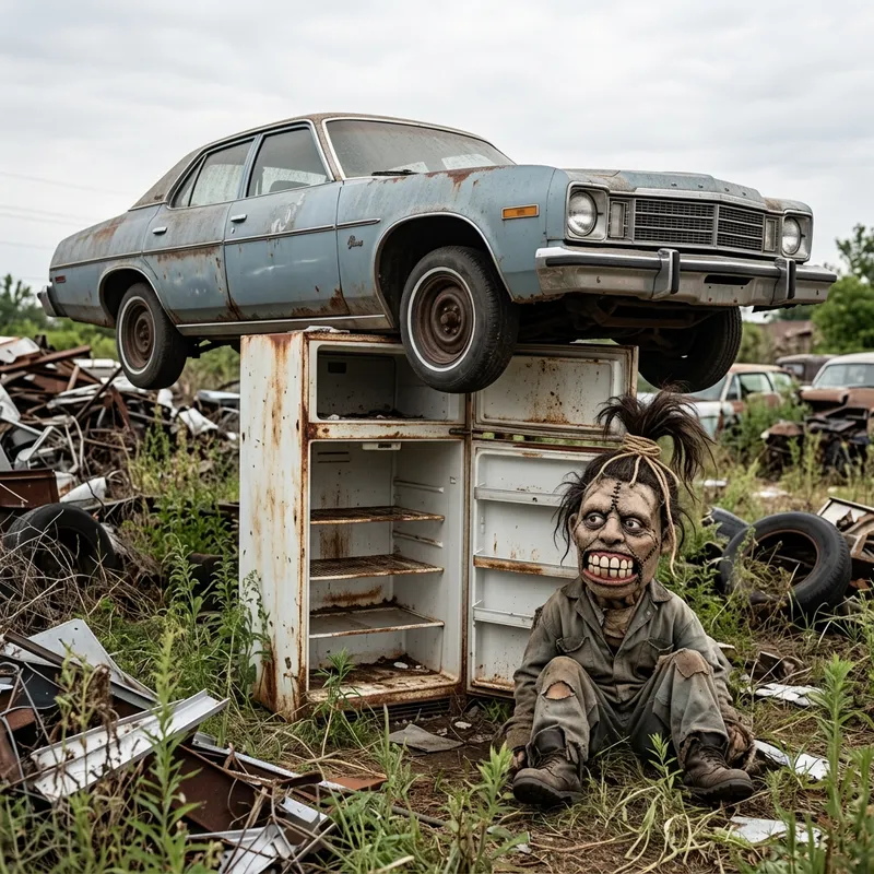 Unique Art: Car on Abandoned Fridge with Teeth Unique Art: Car on Abandoned Fridge with Teeth