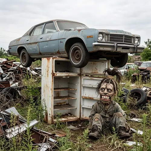 Unique Art: Car on Abandoned Fridge with Teeth