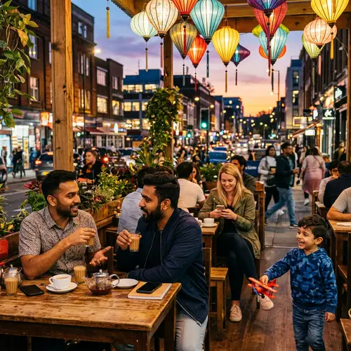 Cultural Diversity at Cafe: South Asian Men, Caucasian Woman, Middle-Eastern Kid