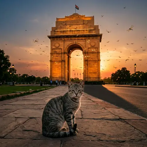 Grey Tabby Cat at India Gate | Enchanting Sunset Scene