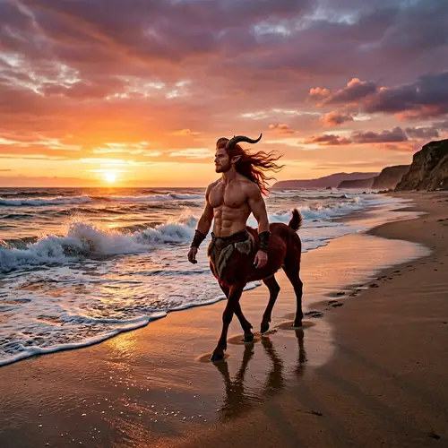 Enigmatic Red-Haired Faun Walking on Beach at Sunset