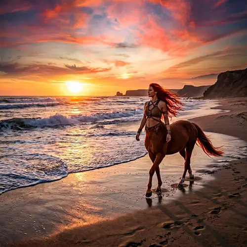 Red-Haired Female Centaur Walking on Sandy Beach at Sunset