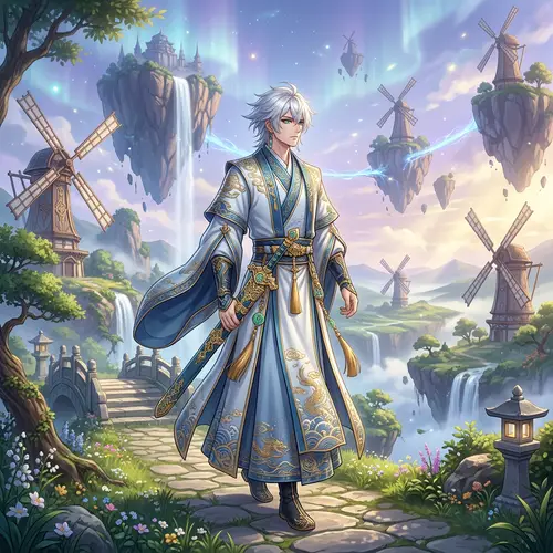 White-Haired Character in East Asian Robe wielding ceremonial weapon