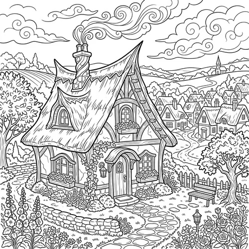 Whimsical Cottage Coloring Page | Village Scene Drawing