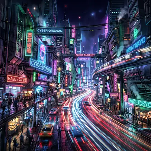 Neon Noir Cyberpunk Cityscape Art | Futuristic Street Scene