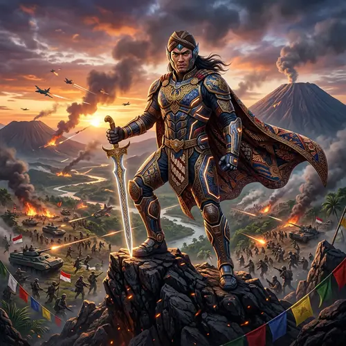 Indonesian Hero in High-Tech Batik Attire | Mountain Victory Scene
