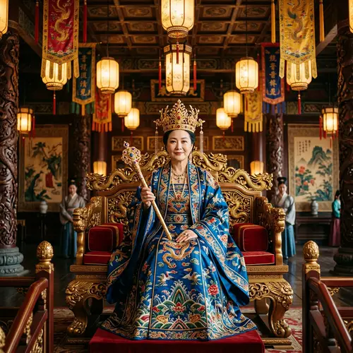 Regal Asian Queen in Traditional Attire | Mystic Patterns, Golden Crown