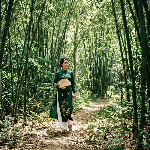 Noble Vietnamese Lady Strolling in Bamboo Forest