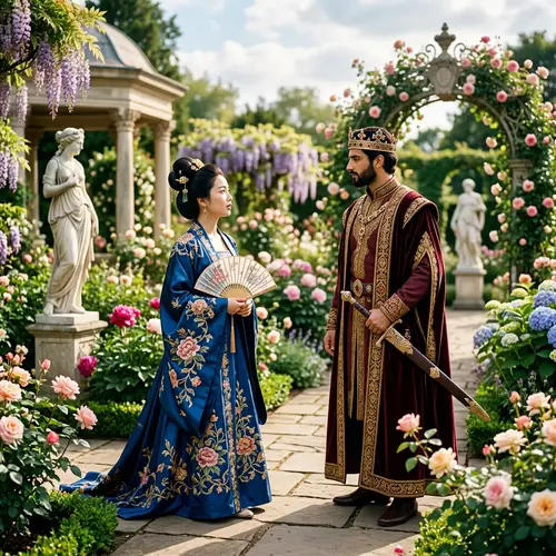 Encounter of Noble Young Lady and Prince in Scenic Garden