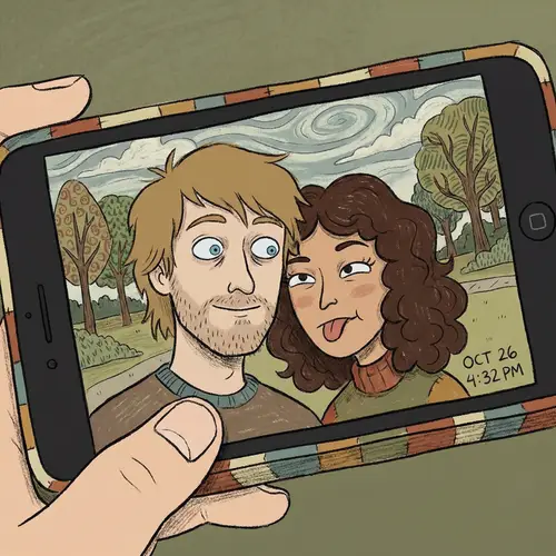 Unique Cartoon Style Illustration of Two Individuals Taking Selfie