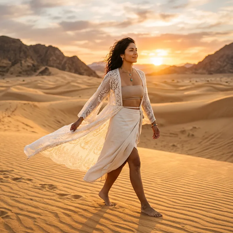 Serene Latina in Bohemian Desert at Sunset