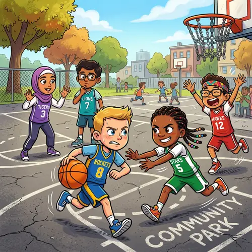 Youth Basketball Game: Diverse Kids Play with Energy