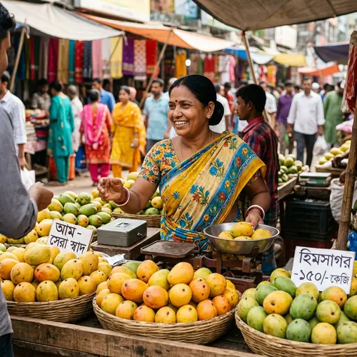 South Asian Woman Selling Ripe Mangoes | Outdoor Market Scene