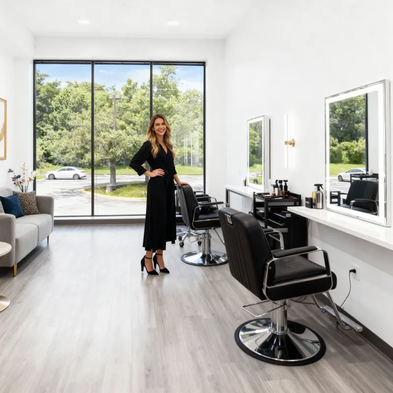 Elegant Salon Suite with Happy Lady Owner Elegant Salon Suite with Happy Lady Owner