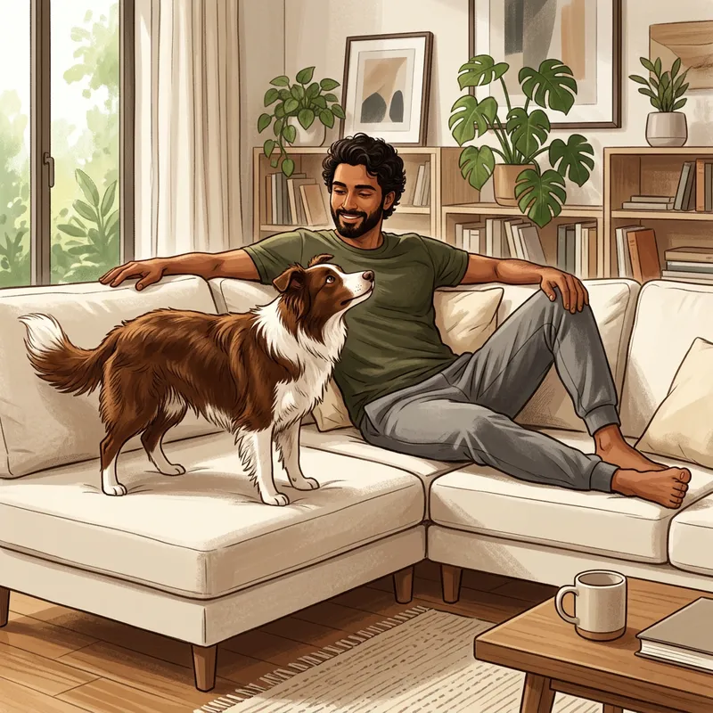 Man sitting with dog on sofa