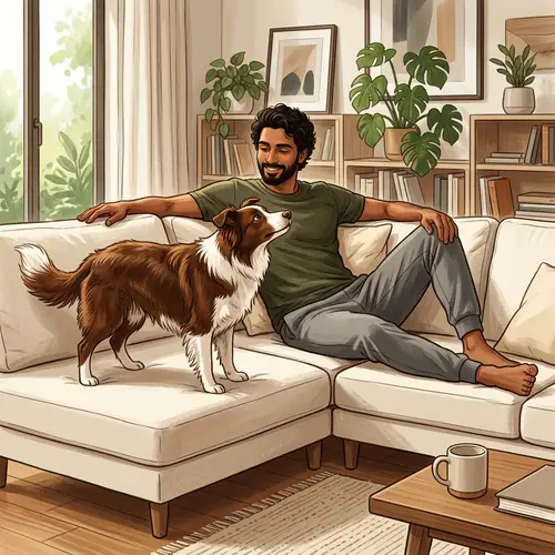 South Asian Male with Athletic Build and Border Collie on Modern Sofa