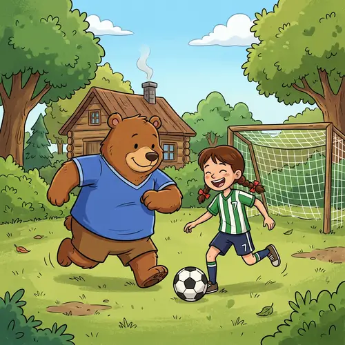 Girl and Bear Playing Soccer in Yard | Fun Cartoon Game