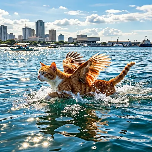 Unique Creature - Cat with Chicken Wings Swimming in Manila Bay