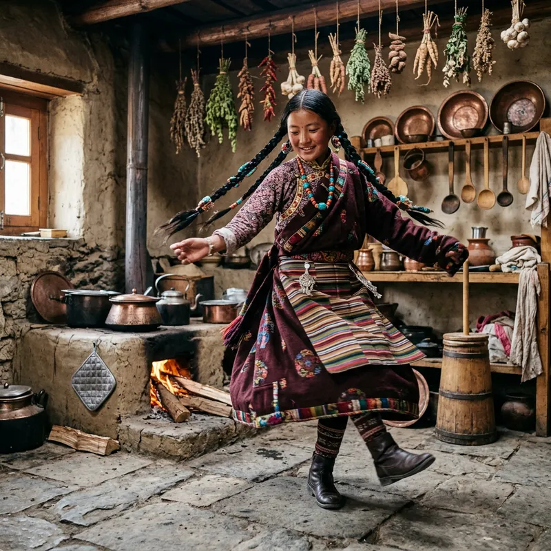 Traditional Tibetan Girl Dancing in Medieval Kitchen