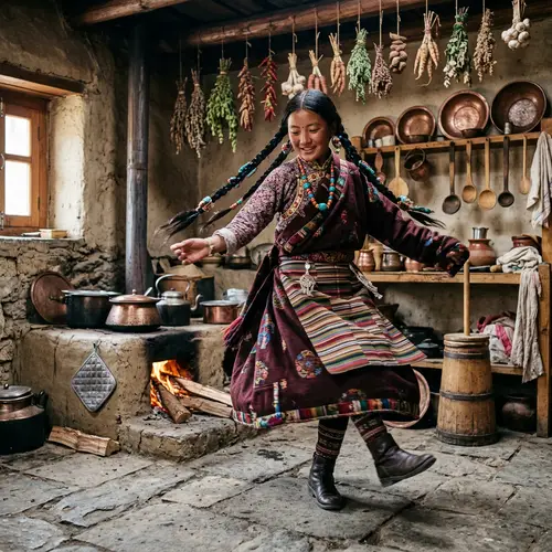 Traditional Tibetan Girl Dancing in Vintage Kitchen