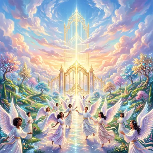 Tranquil Heaven: Ethereal Digital Art with Azure Sky and Golden Gates