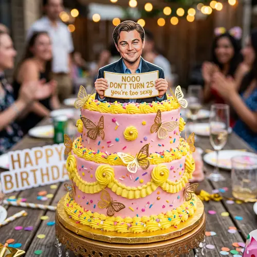 Pink Cake with Yellow Frosting & Leonardo DiCaprio Topper