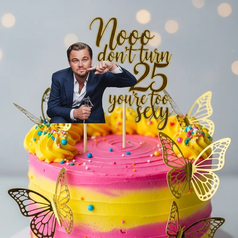 Pink Cake with Yellow Frosting & Leonardo DiCaprio Topper