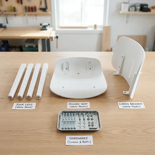 White Plastic and Wood Chair Components | Exploded View