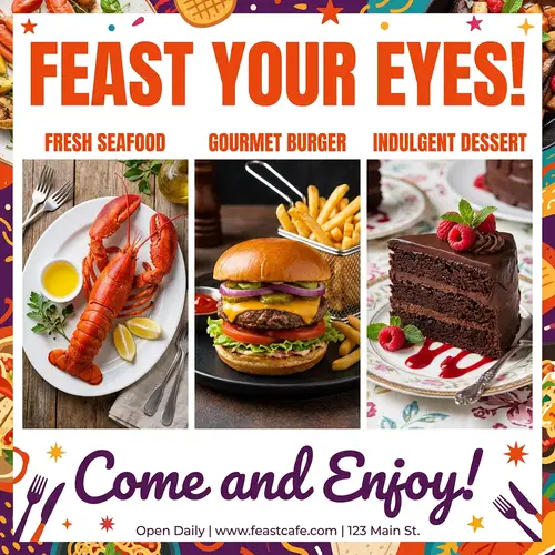 Vibrant Food Flyer: Feast Your Eyes on Lobster, Burger, and Cake